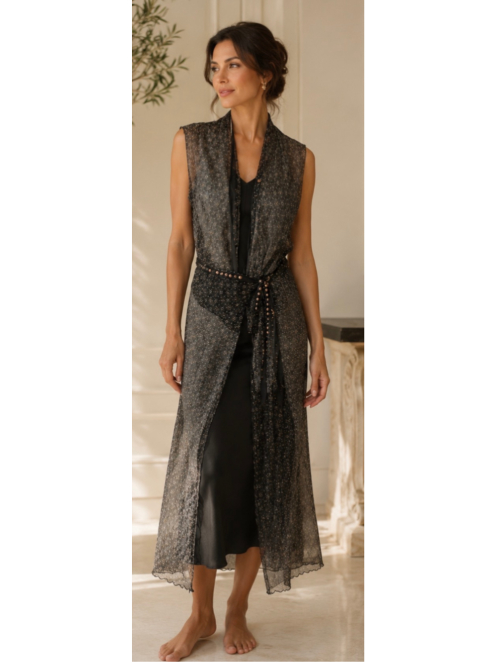 Rozae Nichols Dress XL Black Gold Studded Sheer Overlay and Black Slip Vintage